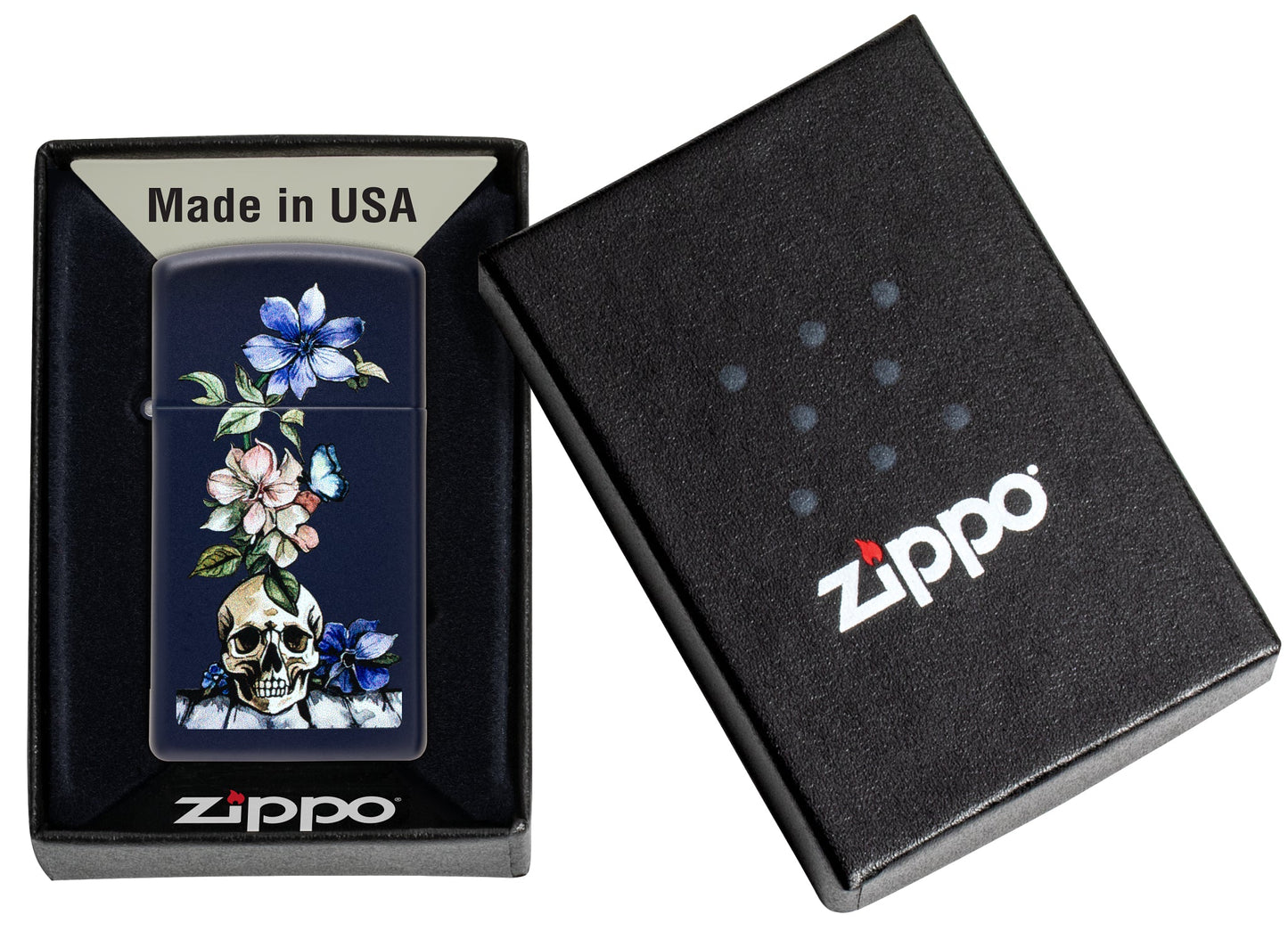 Zippo Bone Bouquet Design Slim Navy Matte Windproof Lighter in its packaging.
