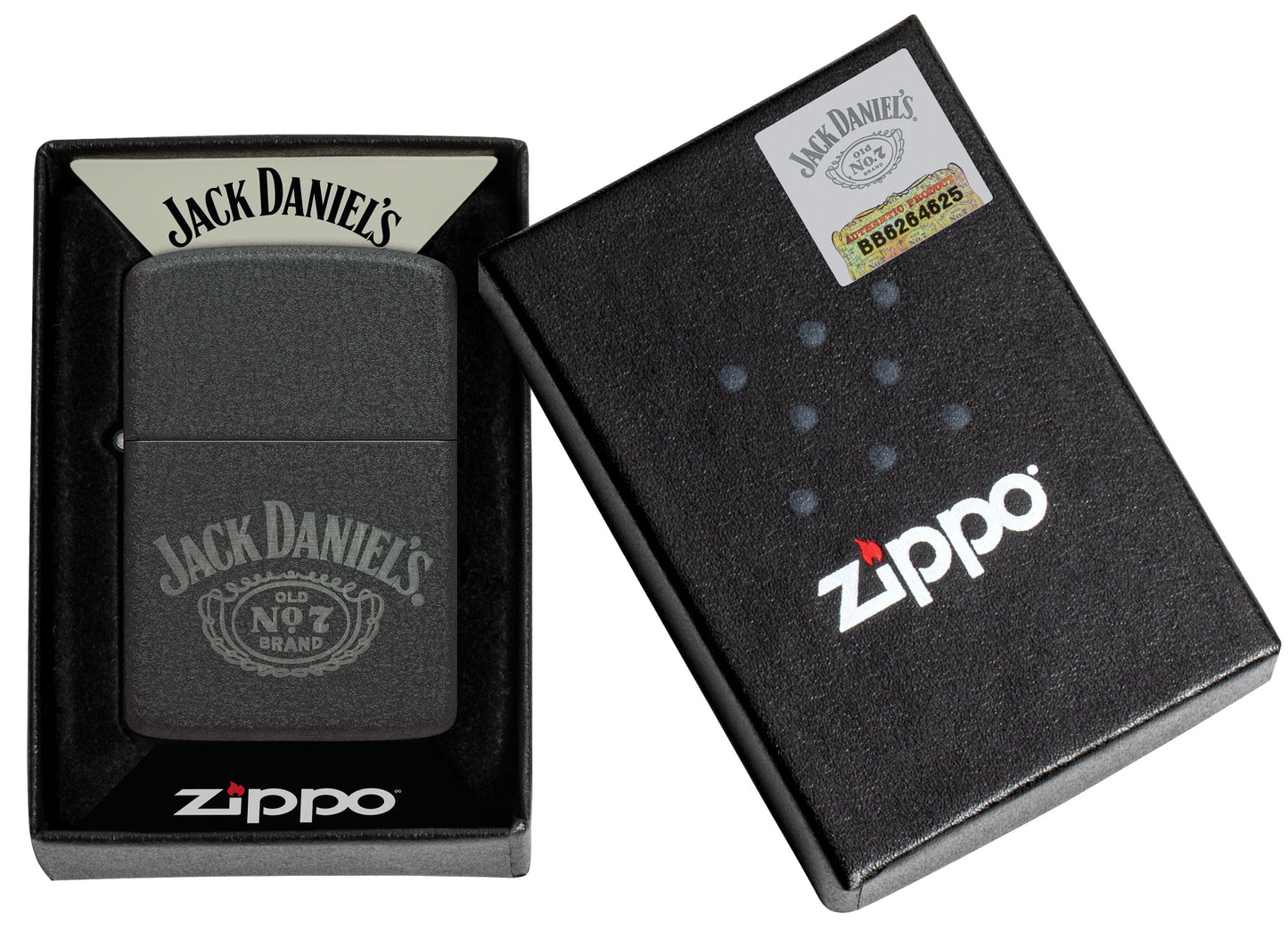 Zippo Jack Daniel's® No. 7 Design 1941 Replica Black Crackle® Windproof Lighter in its packaging.