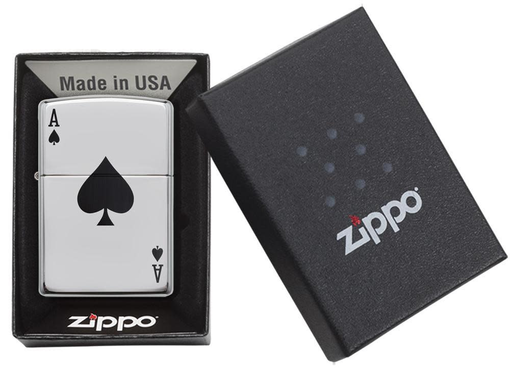 Black Ace of Spades Card High Polish Chrome Windproof Lighter in packaging