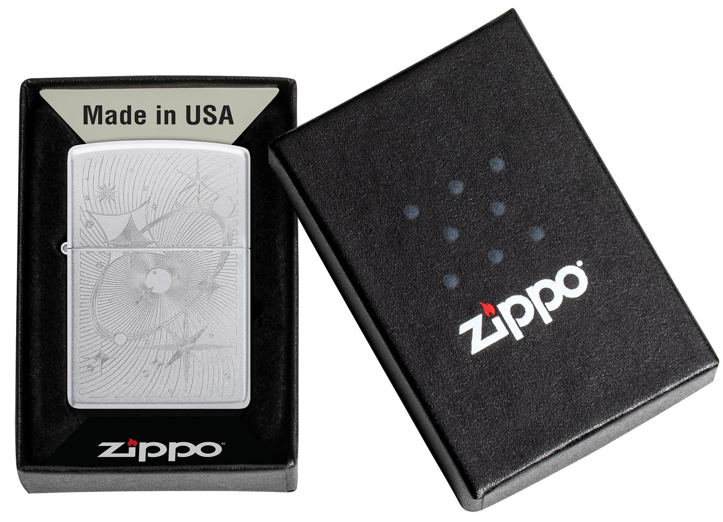 Zippo Atomic Cosmos Design Satin Chrome Windproof Lighter in its packaging.