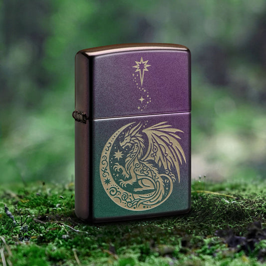 Lifestyle image of Zippo Dragon Fantasy Design Iridescent Windproof Lighter standing on moss-covered ground, while showing the front of the lighter.