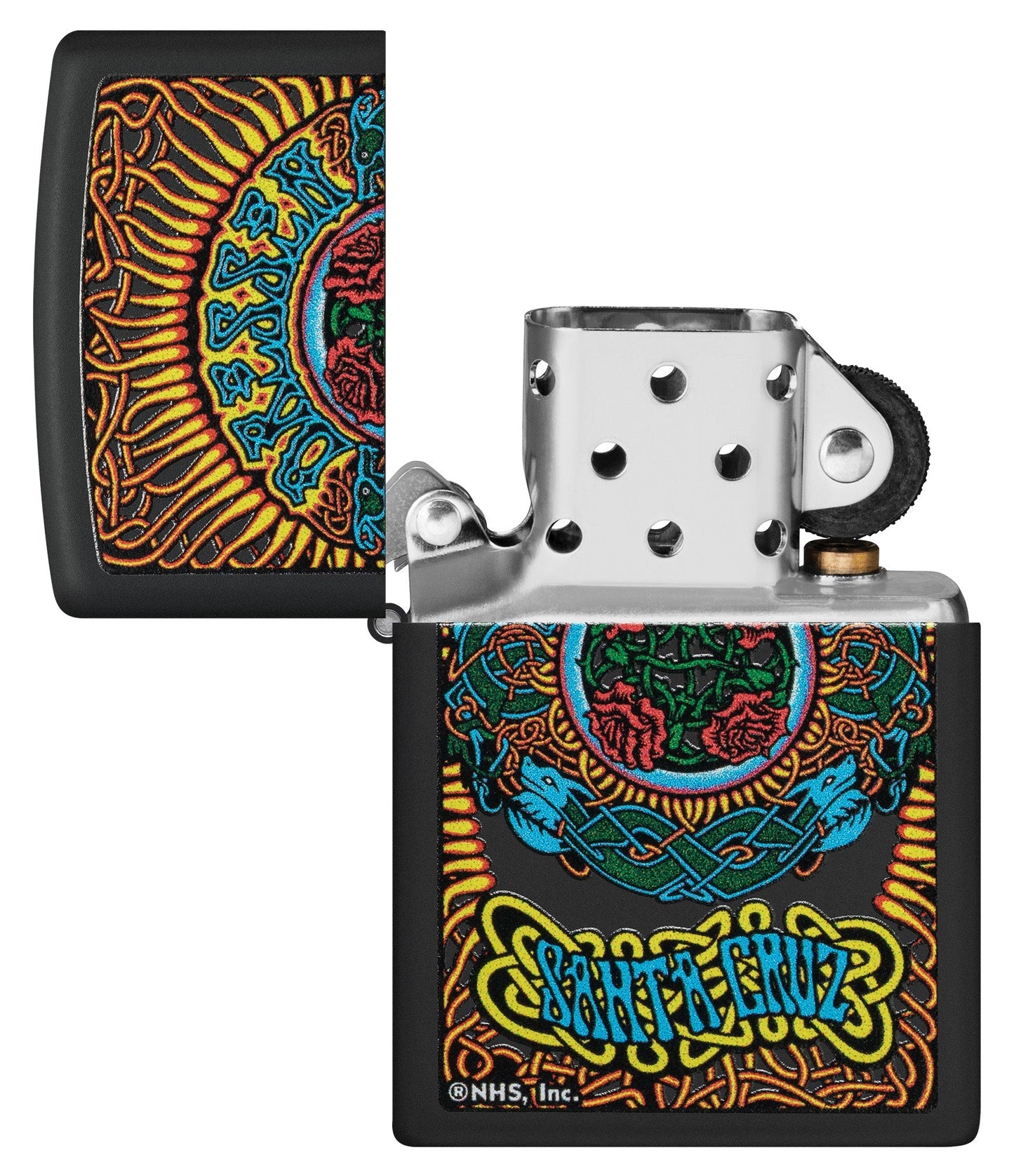 Zippo Santa Cruz Black Matte Windproof Lighter with its lid open and unlit.