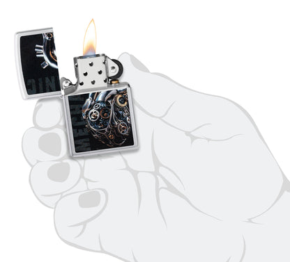 Zippo  Mechanical Heart Design Satin Chrome Windproof Lighter lit in hand.