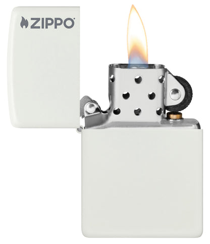 Classic White Matte Zippo Logo Windproof Lighter with its lid open and lit.