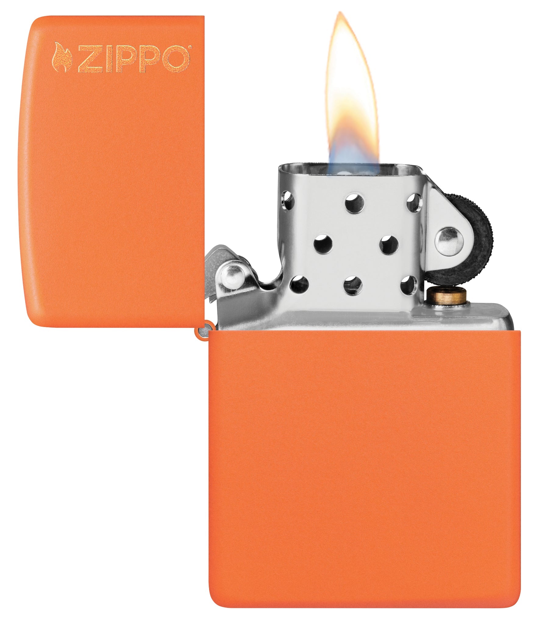 Classic Orange Matte Zippo Logo Windproof Lighter with its lid open and lit.