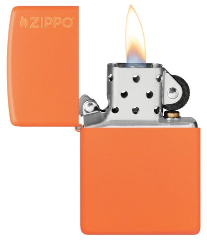 Classic Orange Matte Zippo Logo Windproof Lighter with its lid open and lit.