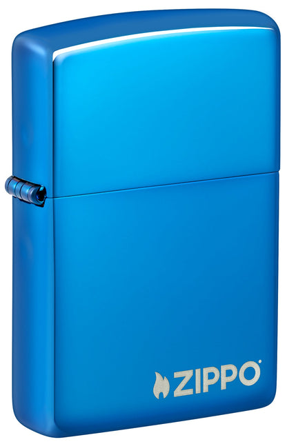 Front shot of Classic High Polish Blue Zippo Logo Windproof Lighter standing at a 3/4 angle.