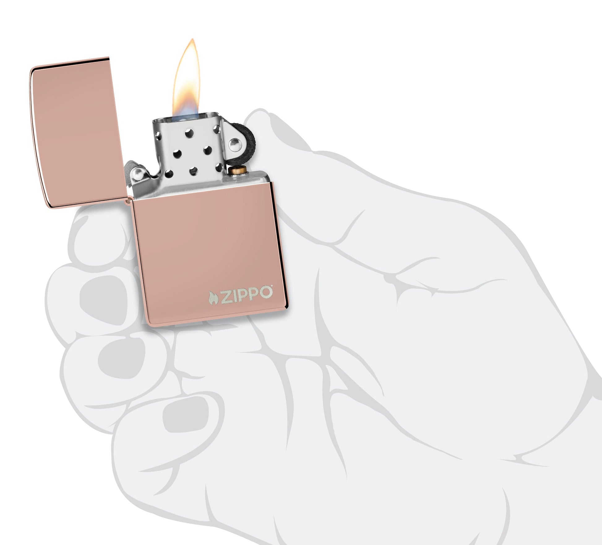 High Polish Rose Gold Zippo Logo Windproof Lighter lit in hand.