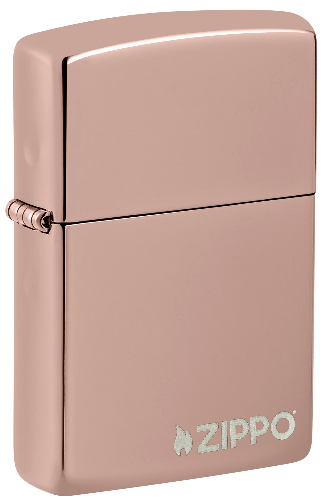Front shot of High Polish Rose Gold Zippo Logo Windproof Lighter standing at a 3/4 angle.