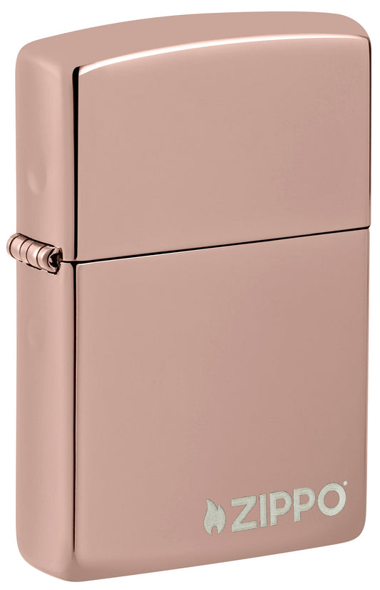 Front shot of High Polish Rose Gold Zippo Logo Windproof Lighter standing at a 3/4 angle.