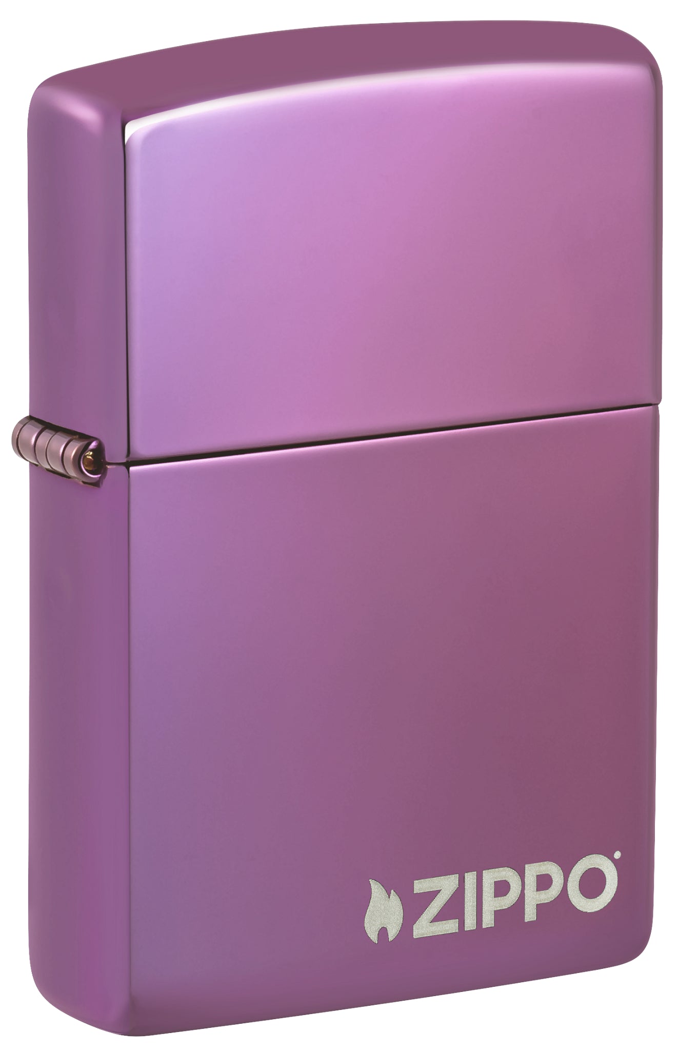 Front shot of Classic High Polish Purple Windproof Lighter with Zippo Logo standing at a 3/4 angle.