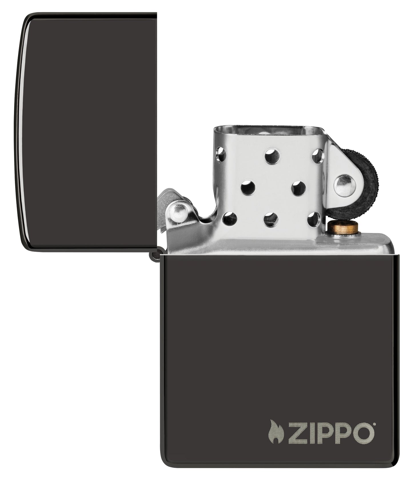 Classic High Polish Black Zippo Logo Windproof Lighter with its lid open and unlit.