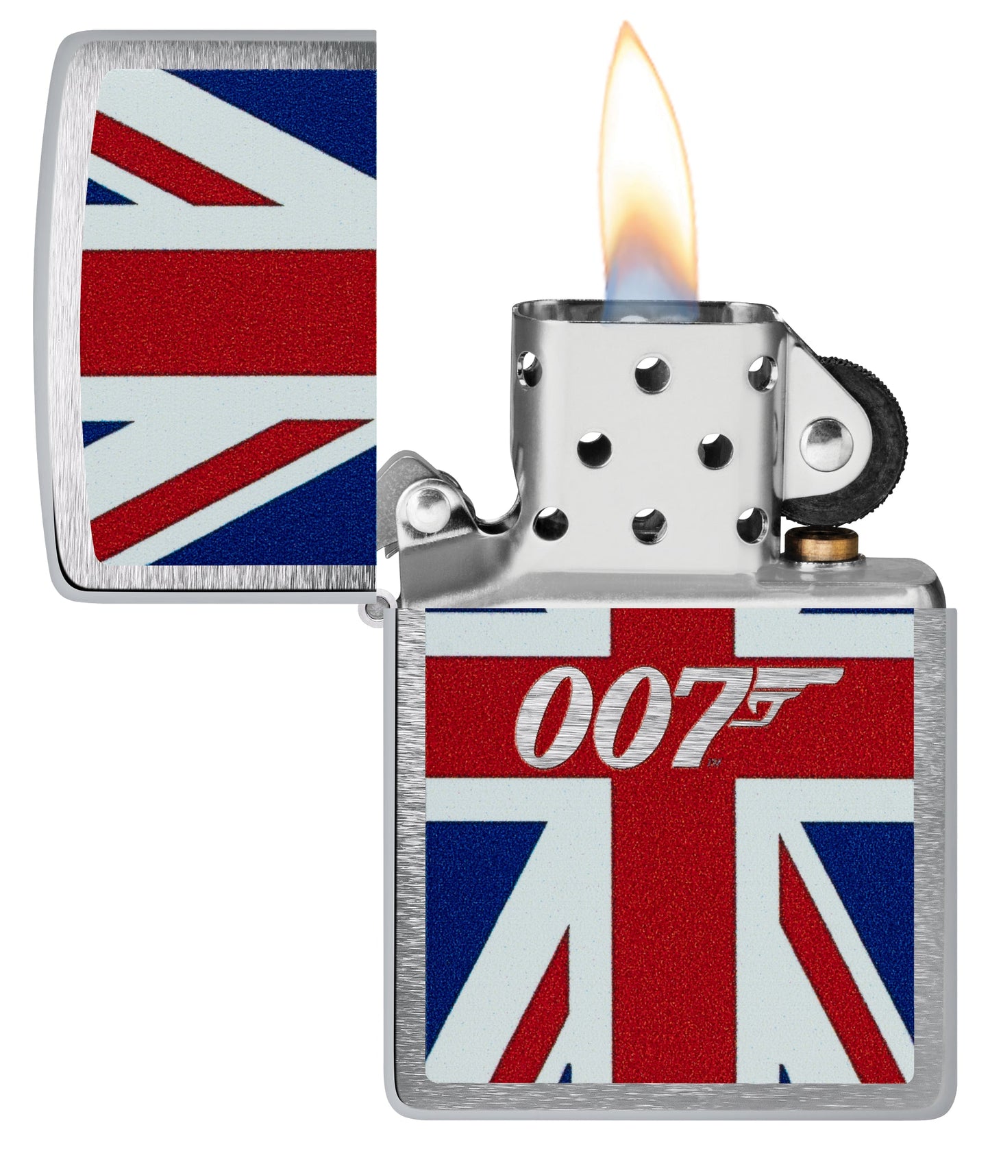 Zippo James Bond® Union Jack Brushed Chrome Windproof Lighter with its lid open and lit.
