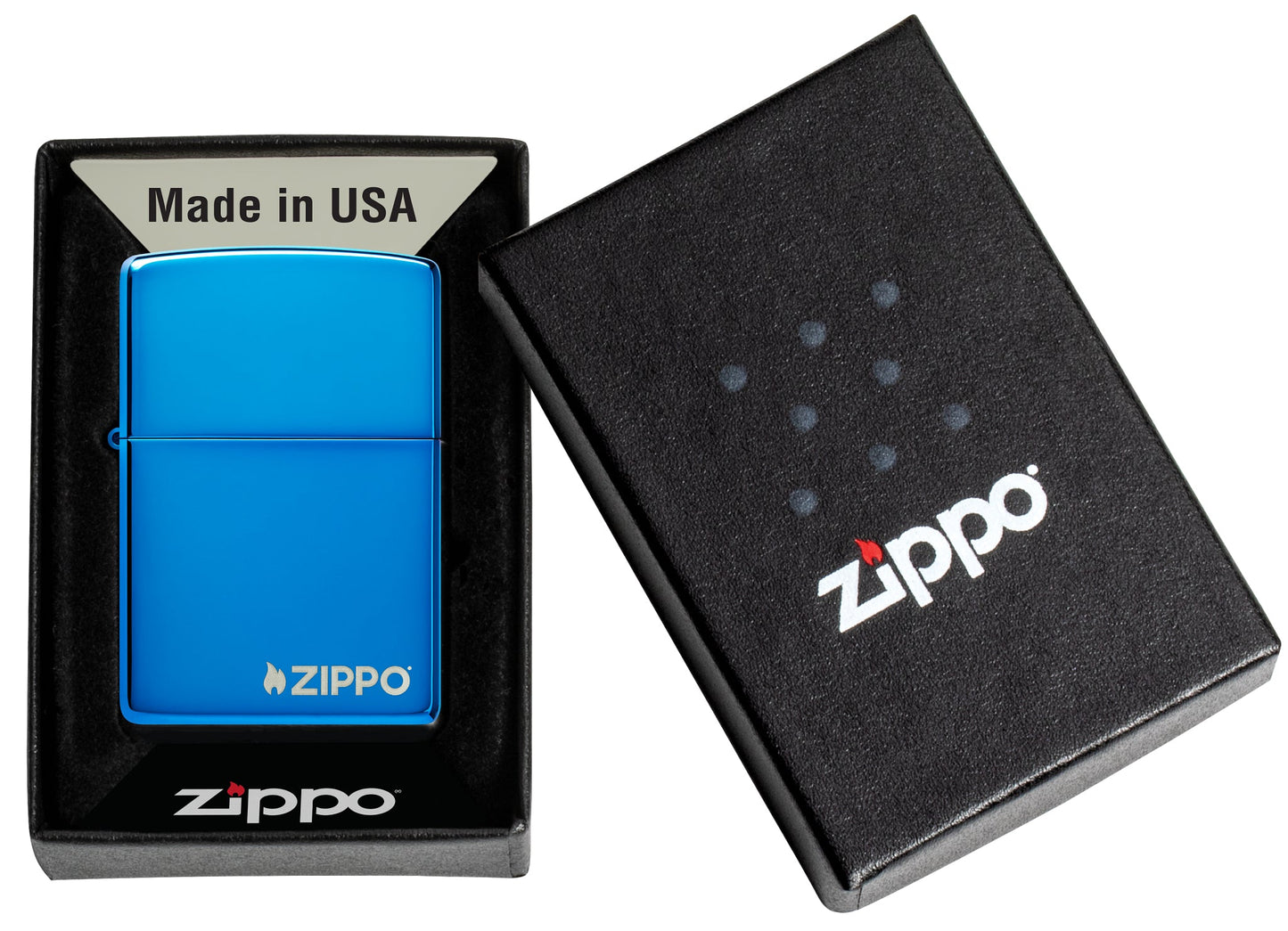 Classic High Polish Blue Zippo Logo Windproof Lighter in its packaging.