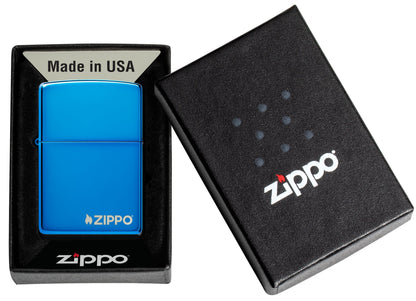 Classic High Polish Blue Zippo Logo Windproof Lighter in its packaging.