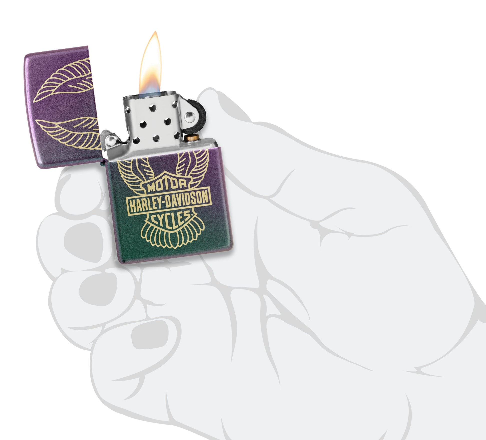 Zippo Harley-Davidson® Winged Logo Design Iridescent Windproof Lighter lit in hand.