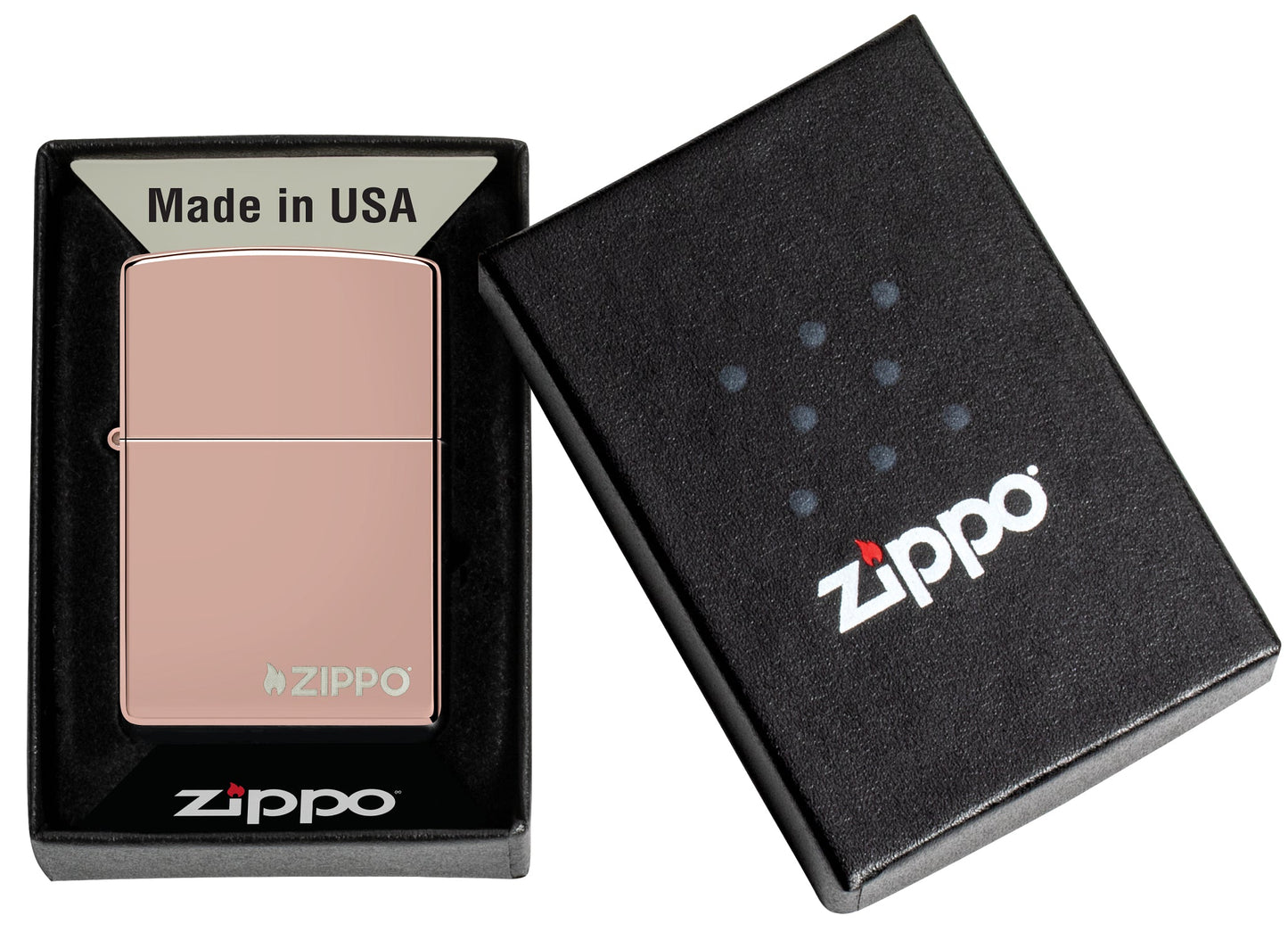 High Polish Rose Gold Zippo Logo Windproof Lighter in its packaging.