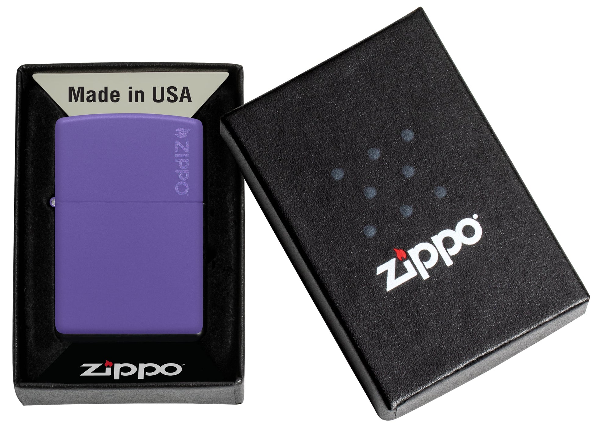 Classic Purple Matte Zippo Logo Windproof Lighter in its packaging.