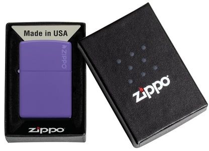 Classic Purple Matte Zippo Logo Windproof Lighter in its packaging.