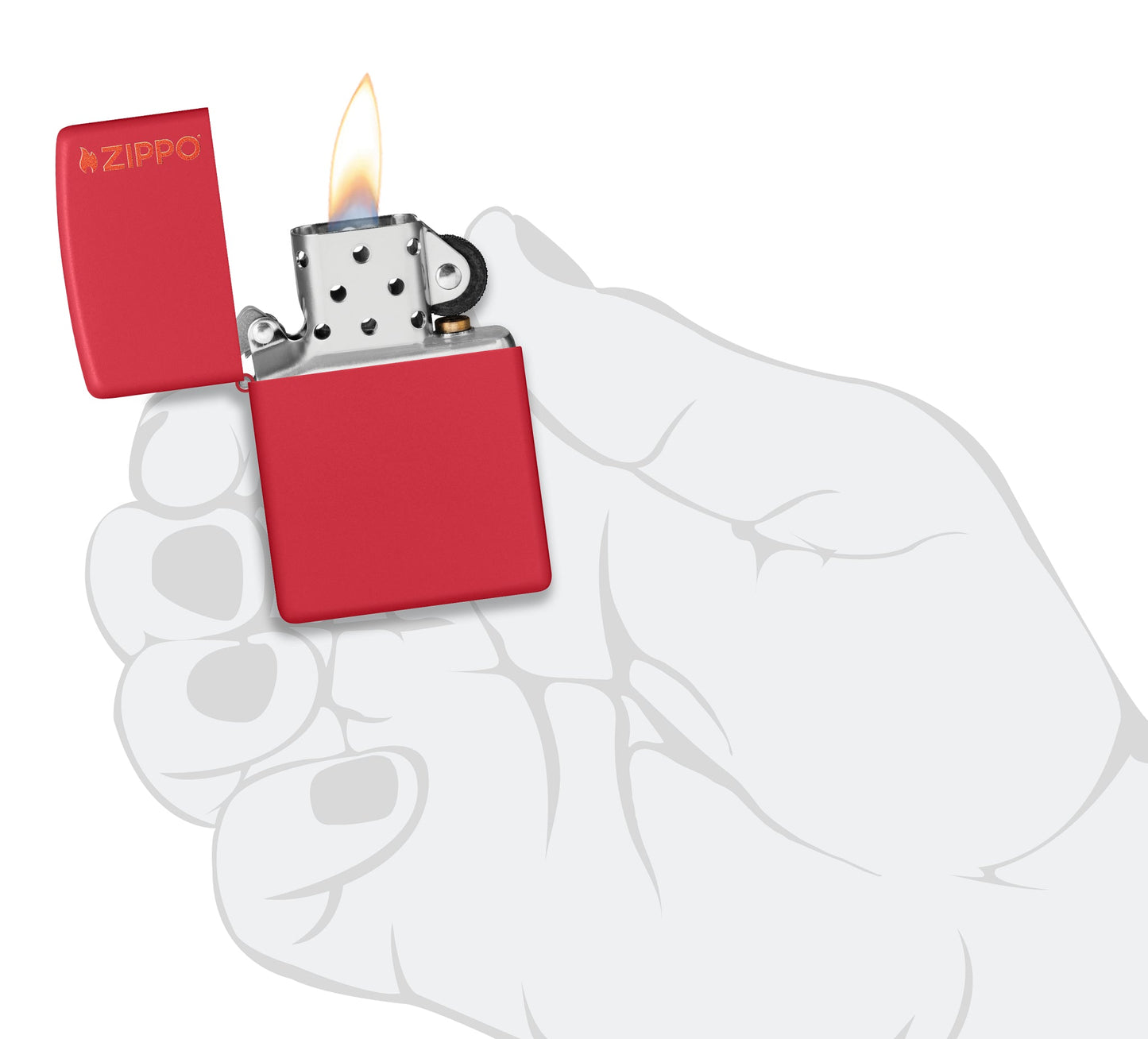 Classic Red Matte Zippo Logo lit in hand.