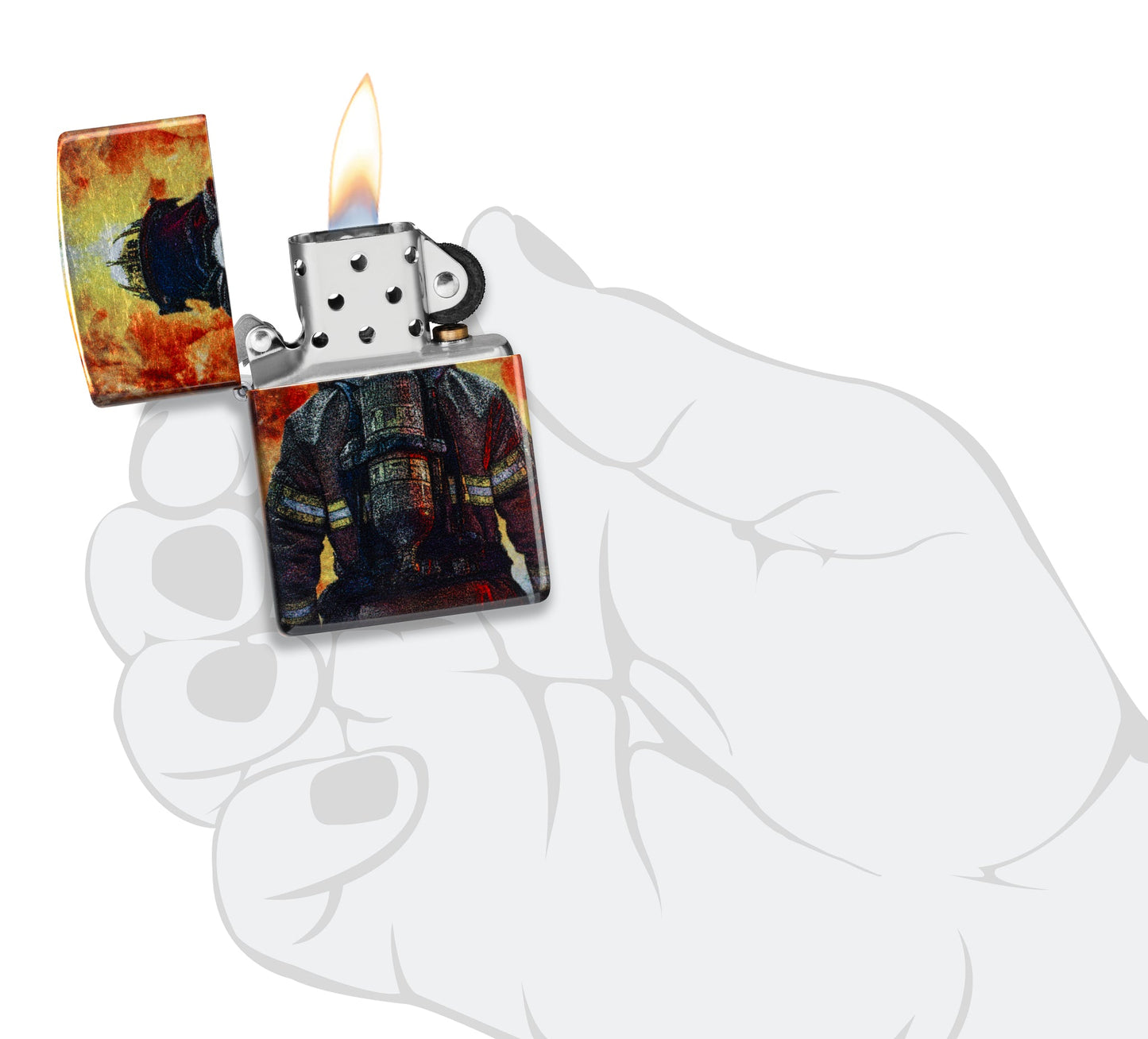 Zippo Firefighter Fusion Design 540 Tumbled Chrome Windproof Lighter lit in hand.