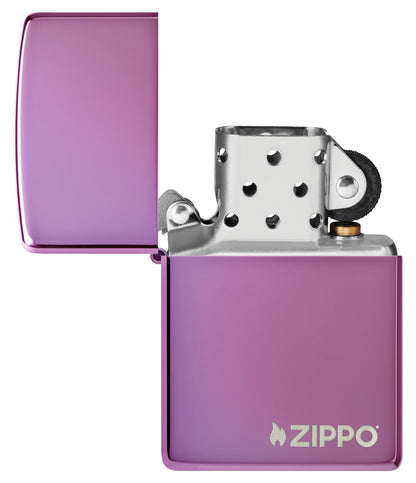 Classic High Polish Purple Windproof Lighter with Zippo Logo with its lid open and unlit.
