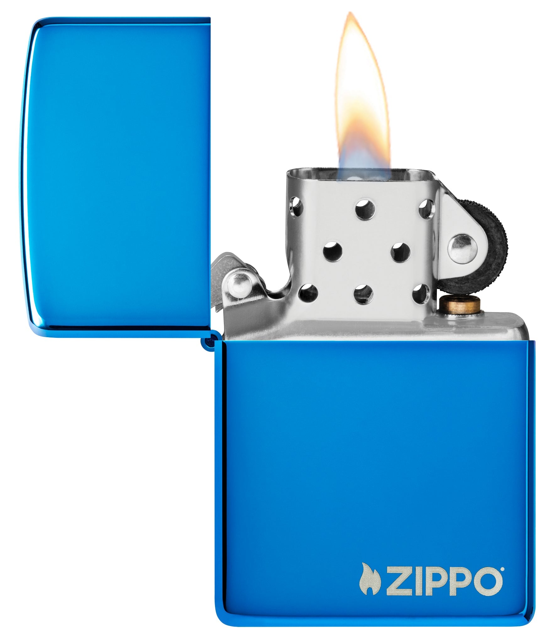 Classic High Polish Blue Zippo Logo Windproof Lighter with its lid open and lit.
