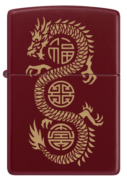 Front view of Zippo Lucky Dragon Design Merlot Windproof Lighter.