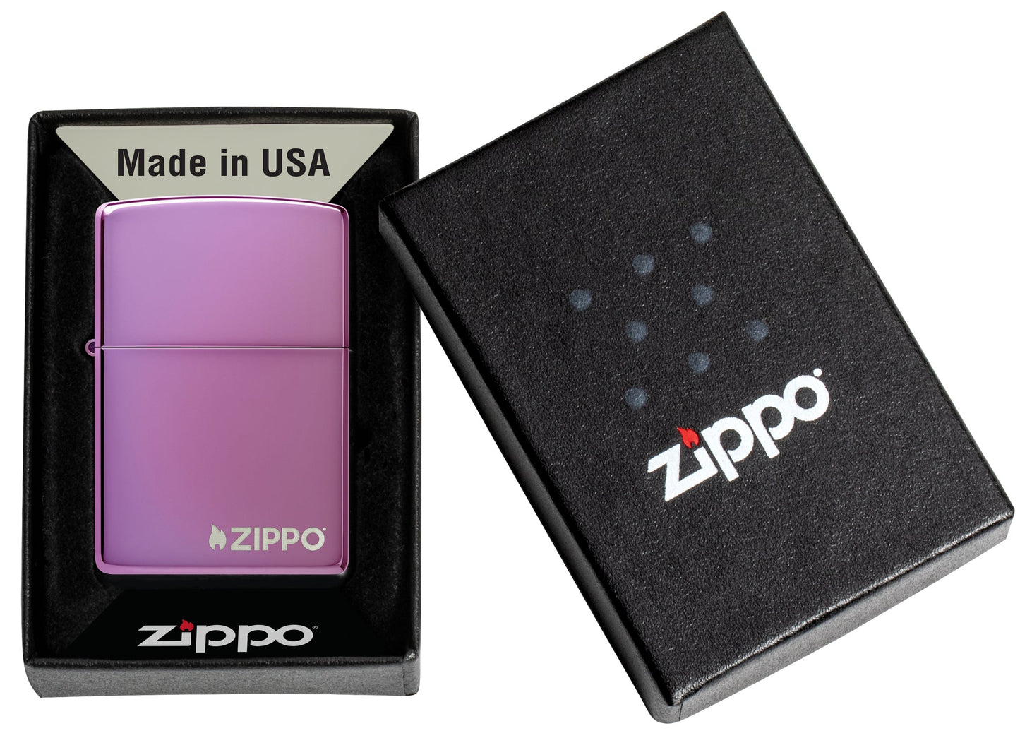 Classic High Polish Purple Windproof Lighter with Zippo Logo in its packaging.
