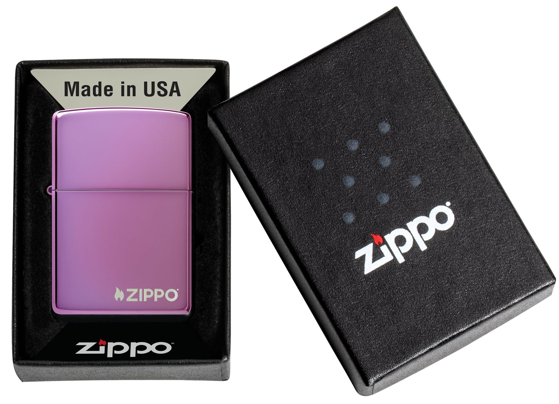 Classic High Polish Purple Windproof Lighter with Zippo Logo in its packaging.