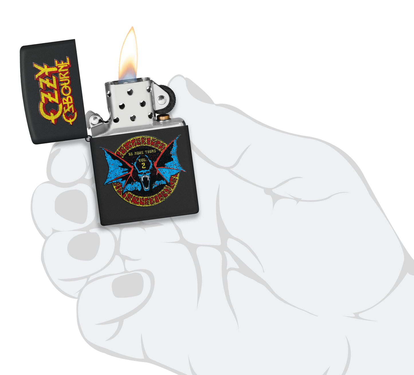 Zippo Ozzy Osbourne No More Tours Design Black Matte Windproof Lighter lit in hand.