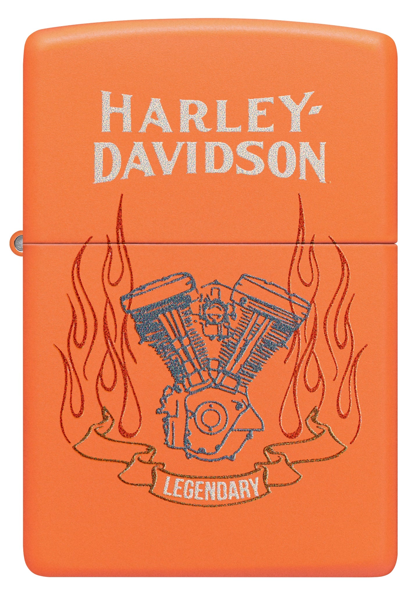 Front view of Zippo Harley-Davidson® Legendary Design Orange Matte Windproof Lighter.
