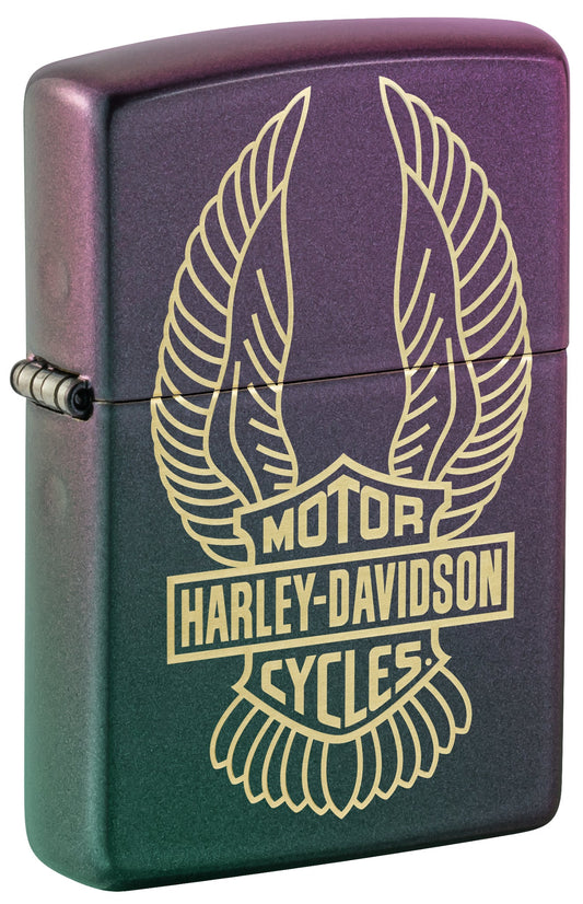 Front shot of Zippo Harley-Davidson® Winged Logo Design Iridescent Windproof Lighter standing at a 3/4 angle.