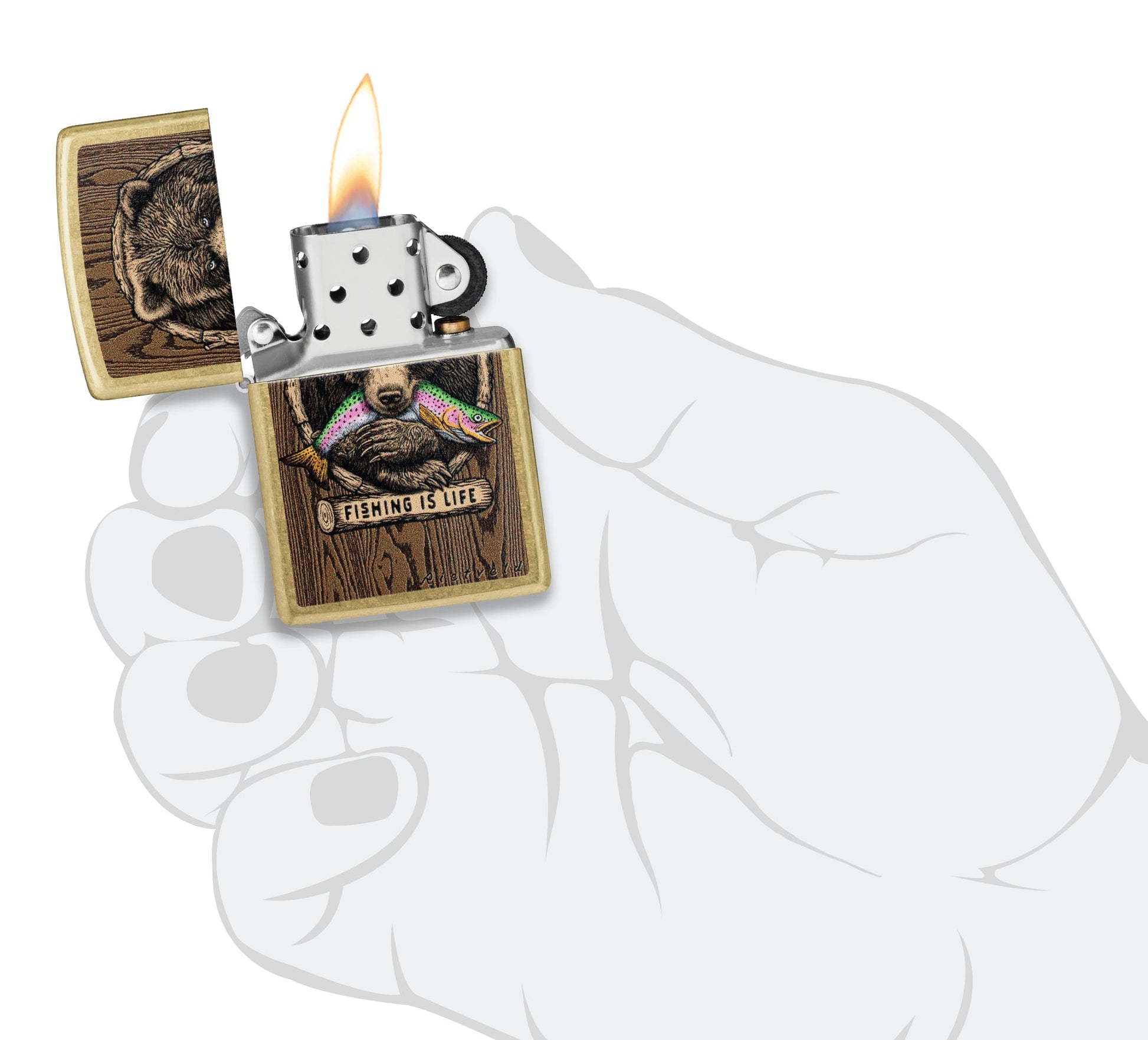 Zippo Rietveld Fishing is Life Design lit in hand.