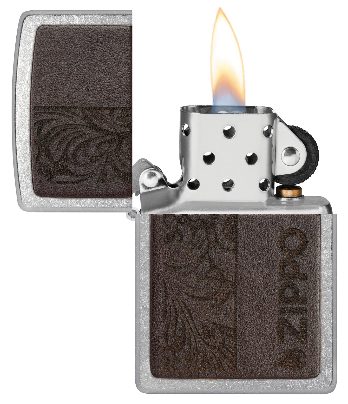 Zippo Brown Leather Emblem - Zippo Design Street Chrome Windproof Lighter with its lid open and lit.