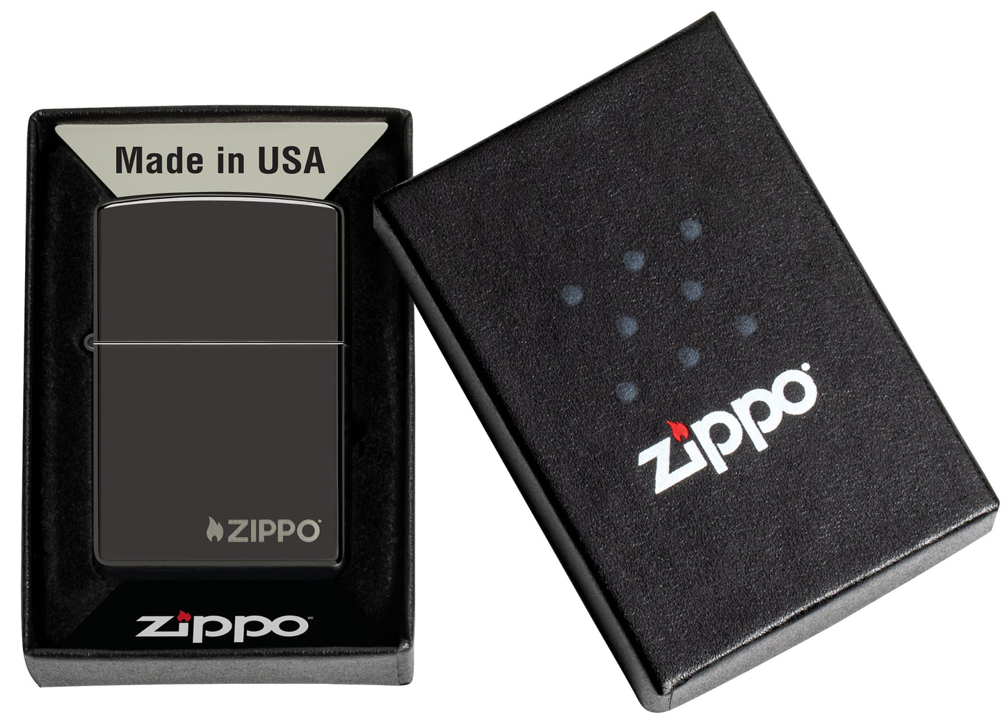 Classic High Polish Black Zippo Logo Windproof Lighter in its packaging.