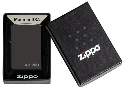 Classic High Polish Black Zippo Logo Windproof Lighter in its packaging.
