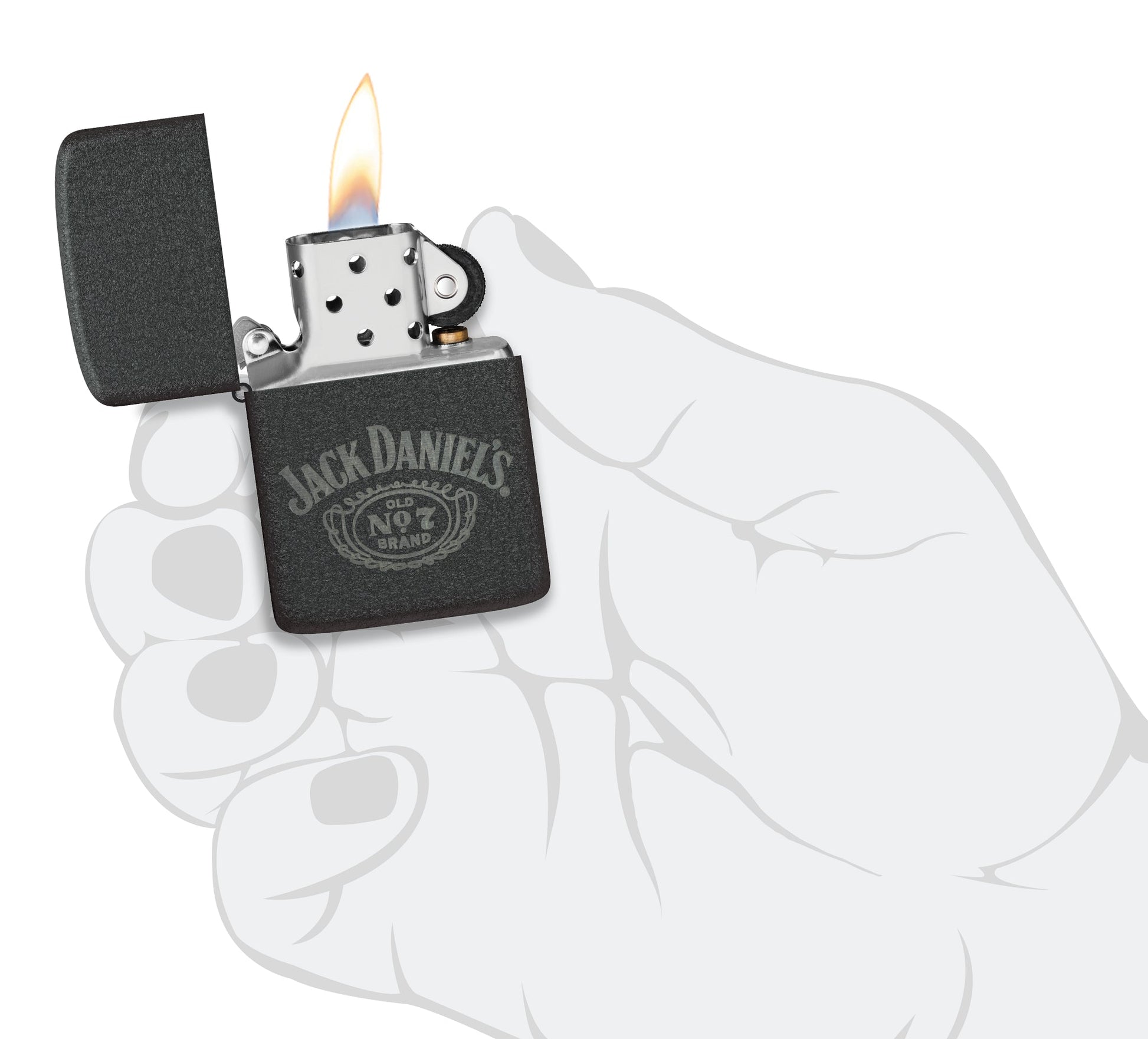 Zippo Jack Daniel's® No. 7 Design 1941 Replica Black Crackle® Windproof Lighter lit in hand.