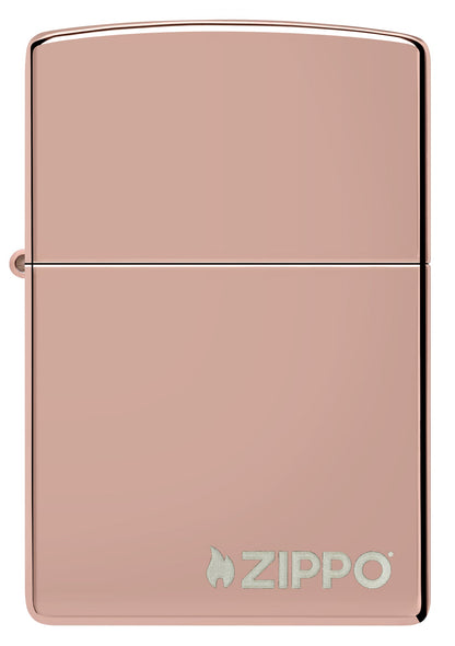 Front view of High Polish Rose Gold Zippo Logo Windproof Lighter.