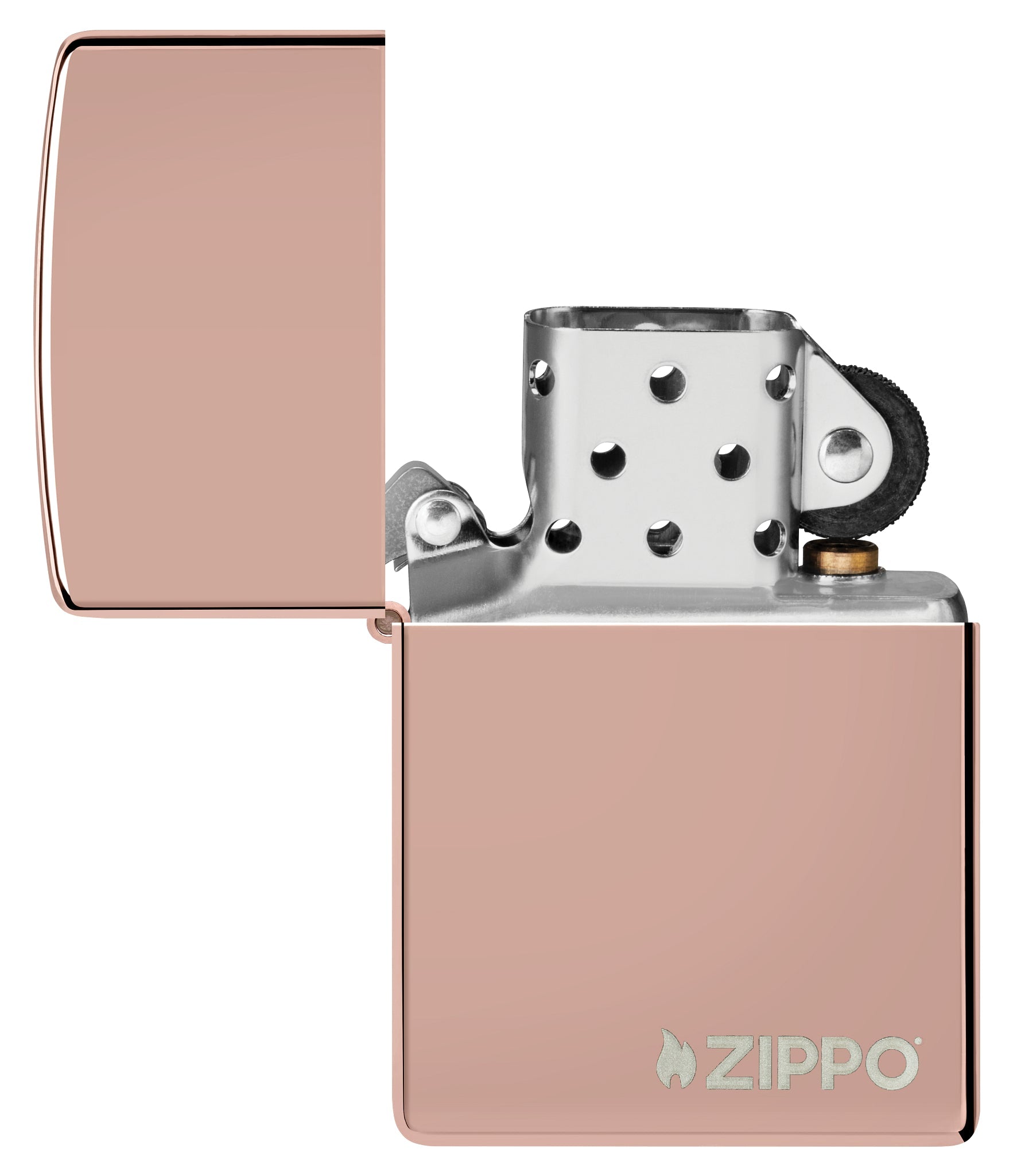 High Polish Rose Gold Zippo Logo Windproof Lighter with its lid open and unlit.