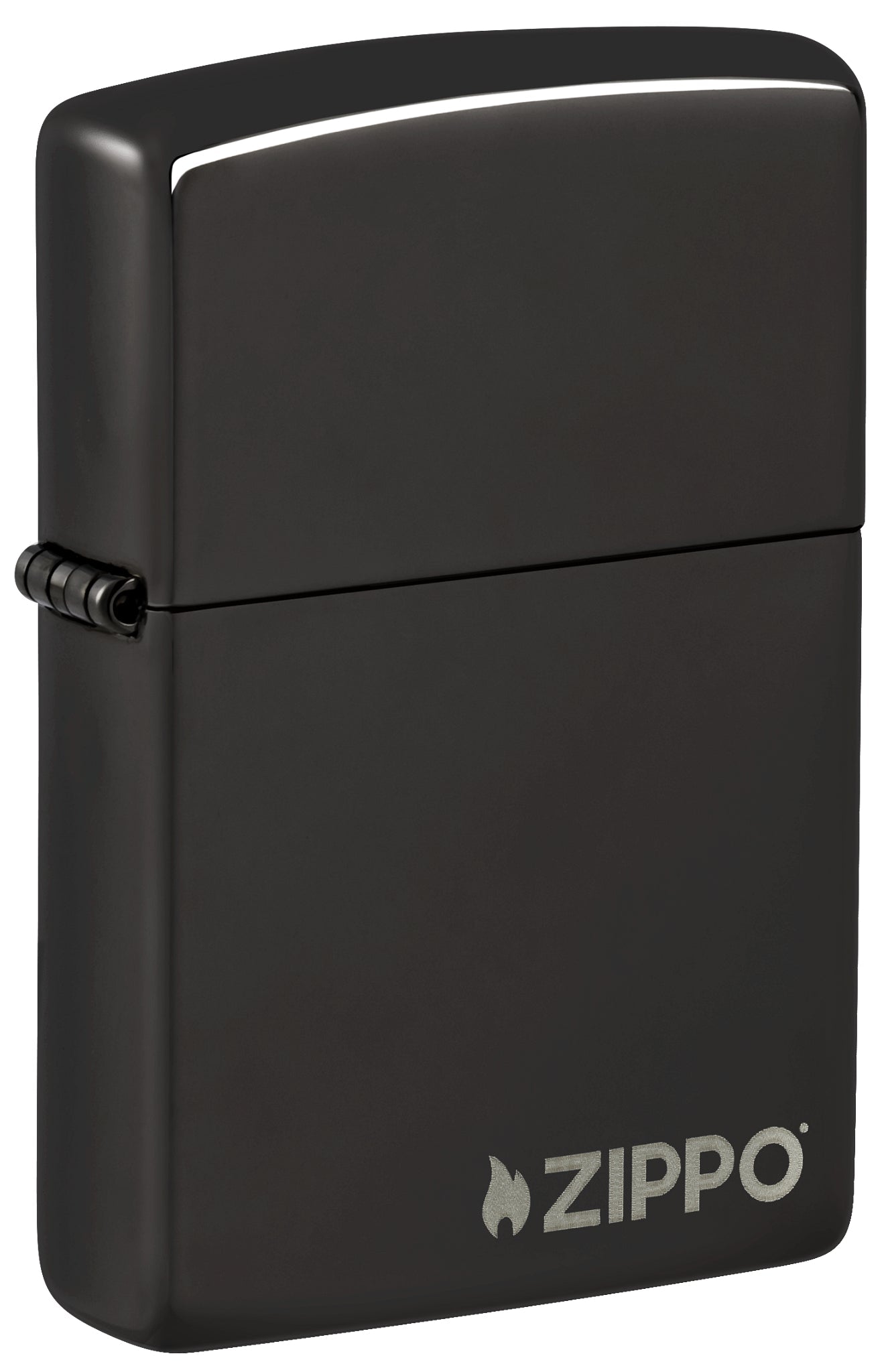 Front shot of Classic High Polish Black Zippo Logo Windproof Lighter standing at a 3/4 angle.