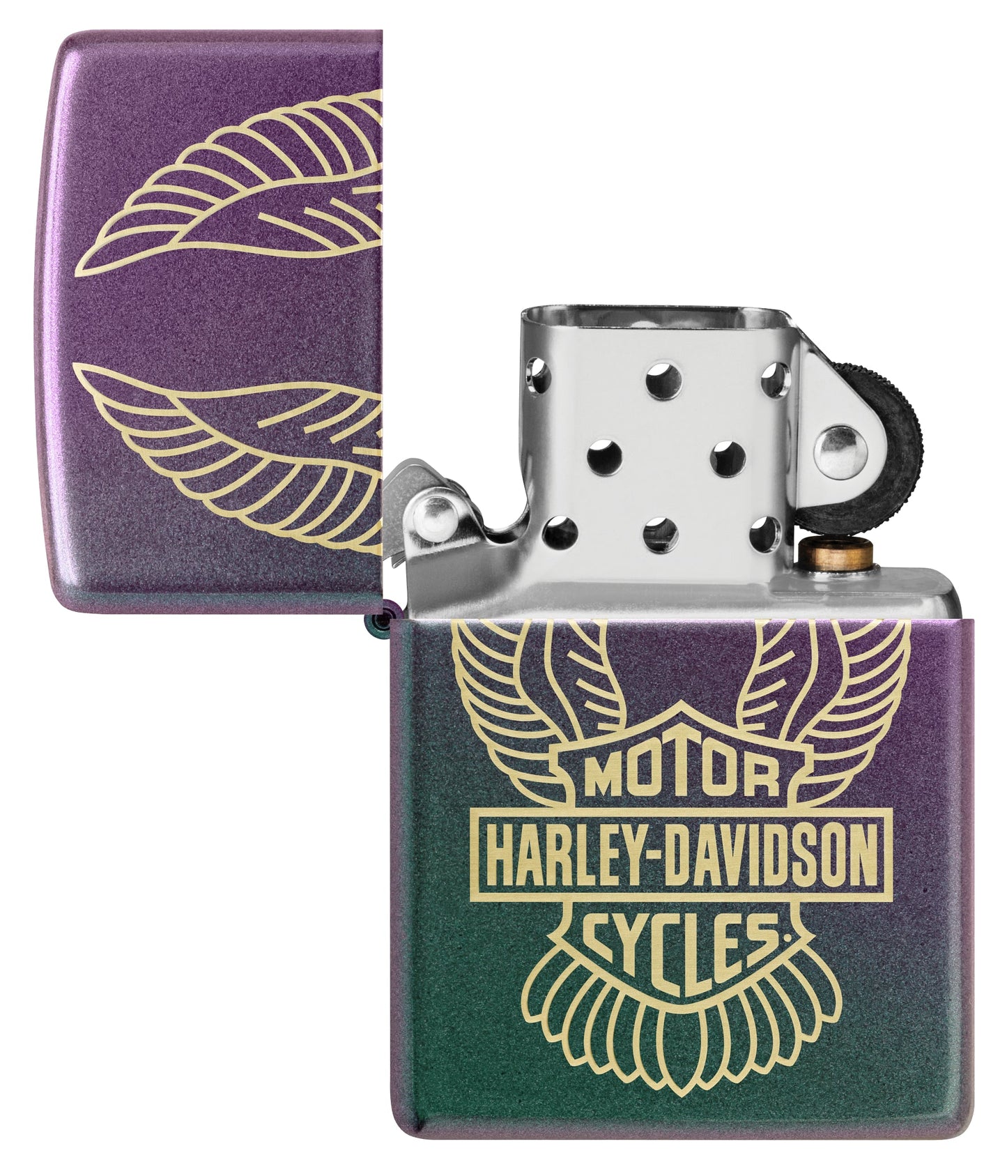 Zippo Harley-Davidson® Winged Logo Design Iridescent Windproof Lighter with its lid open and unlit.