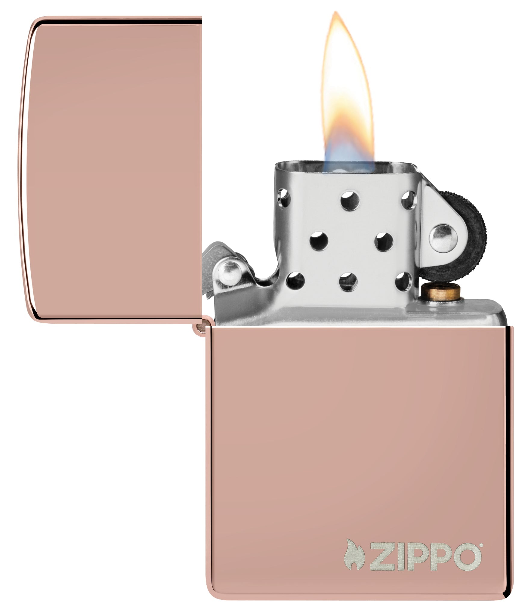 High Polish Rose Gold Zippo Logo Windproof Lighter with its lid open and lit.