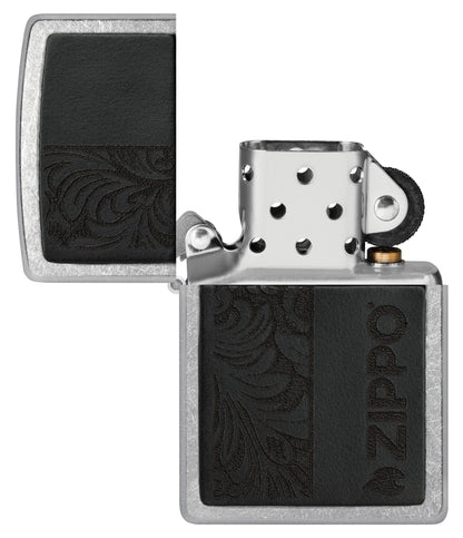 Zippo Black Leather Emblem - Zippo Design Street Chrome Windproof Lighter with its lid open and unlit.