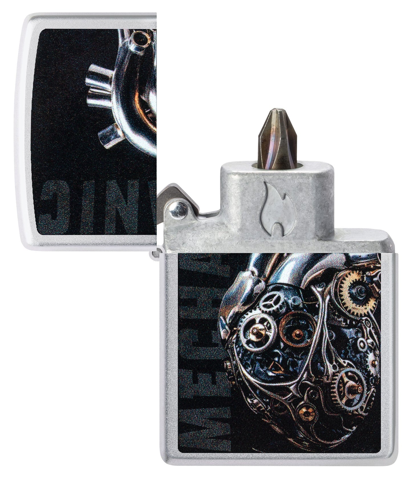 Mechanical Heart Design Windproof Lighter with its lid open and showing the Bit Safe Screwdriver USA.  