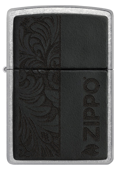 Front view of Zippo Black Leather Emblem - Zippo Design Street Chrome Windproof Lighter.