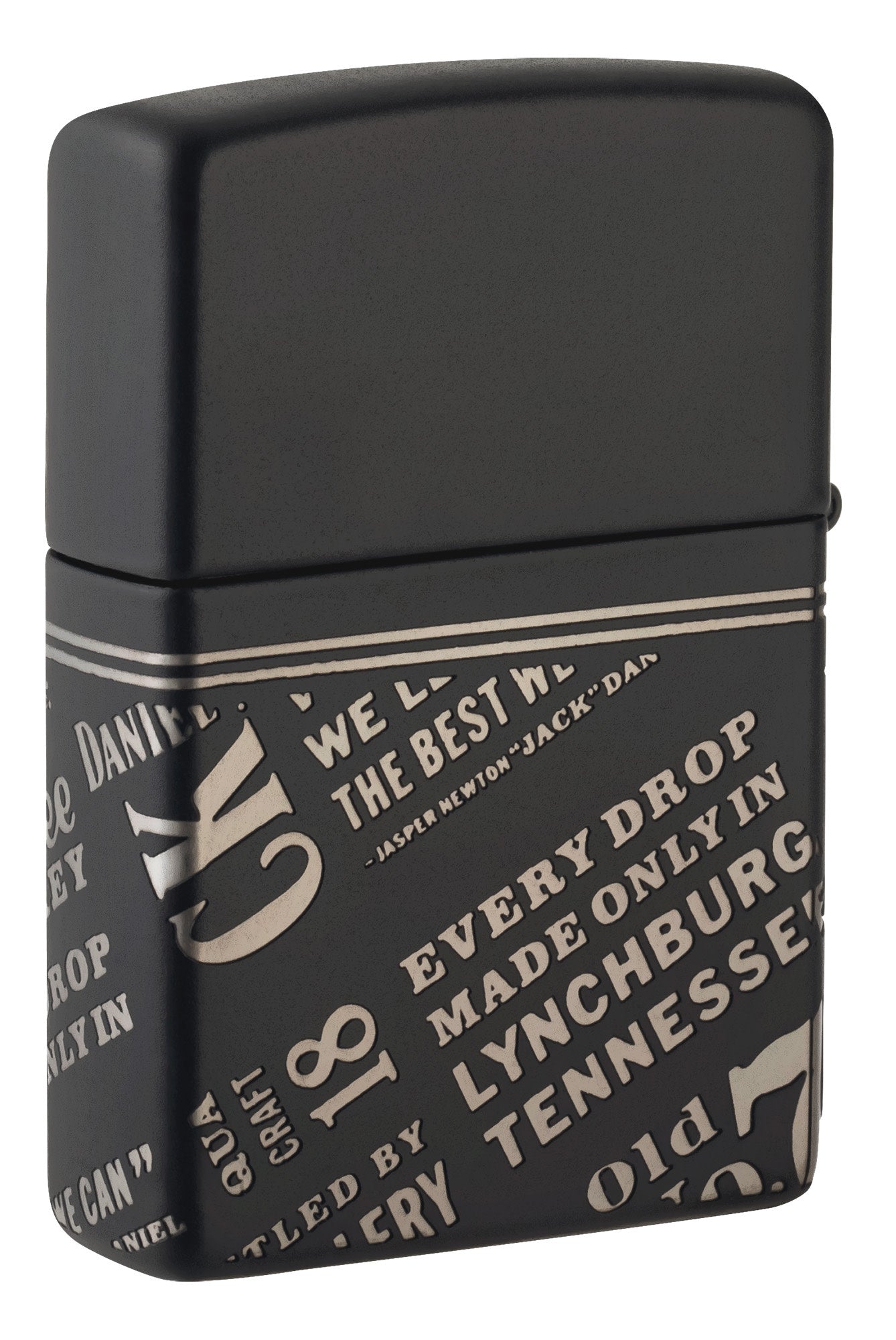 Back shot of Zippo Jack Daniel'sÂ® Every Drop Design Regular Media Chrome Black Matte Windproof Lighter standing at a 3/4 angle.