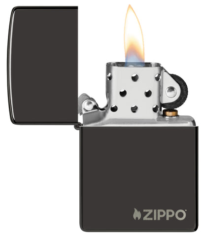 Classic High Polish Black Zippo Logo Windproof Lighter with its lid open and lit.