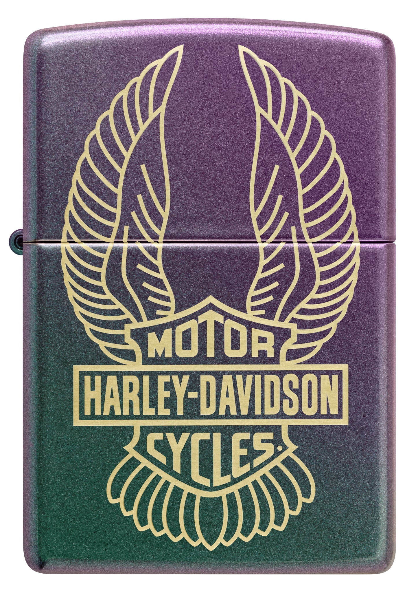 Front view of Zippo Harley-Davidson® Winged Logo Design Iridescent Windproof Lighter.