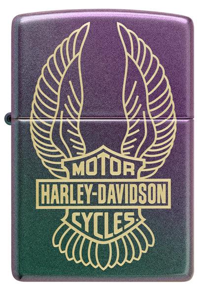 Front view of Zippo Harley-Davidson® Winged Logo Design Iridescent Windproof Lighter.